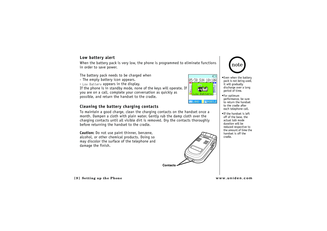 Uniden ELBT 595 owner manual Low battery alert, Cleaning the battery charging contacts 