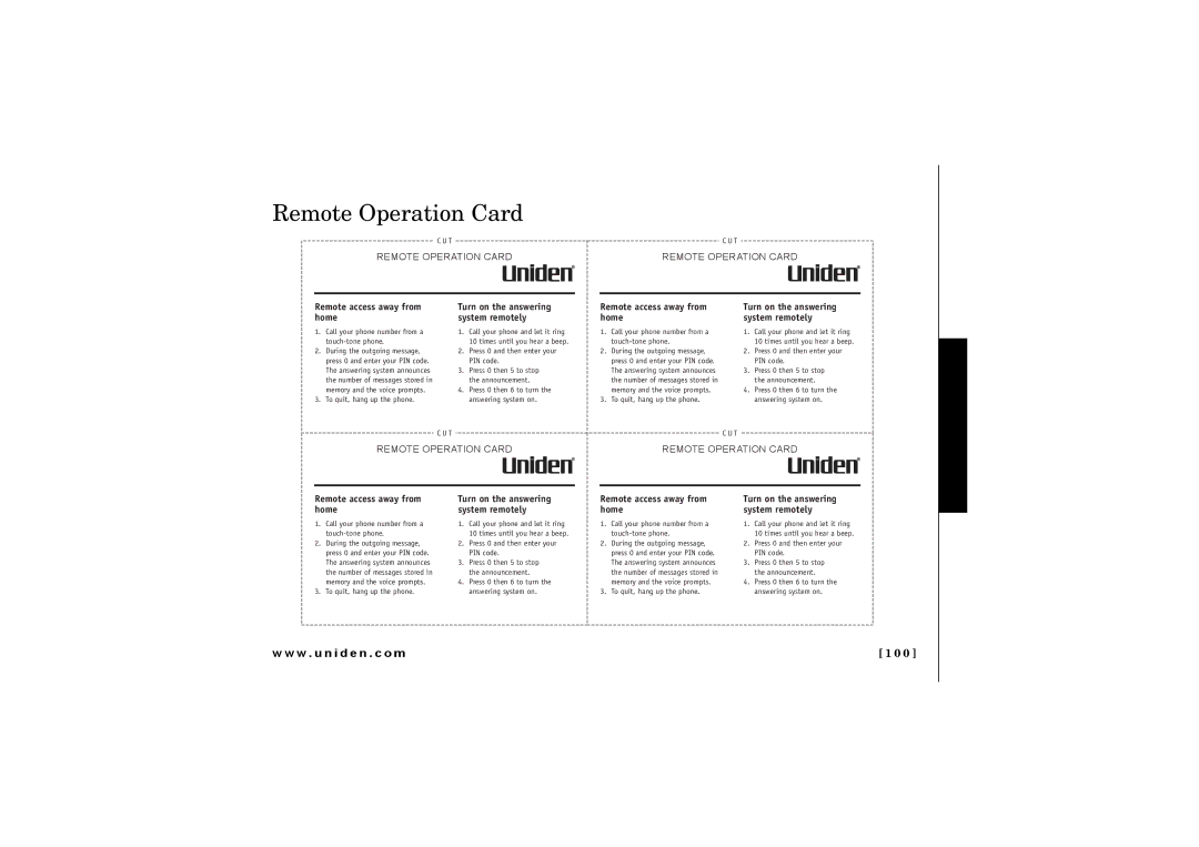 Uniden ELBT 595 owner manual Remote Operation Card, Remote access away from home 