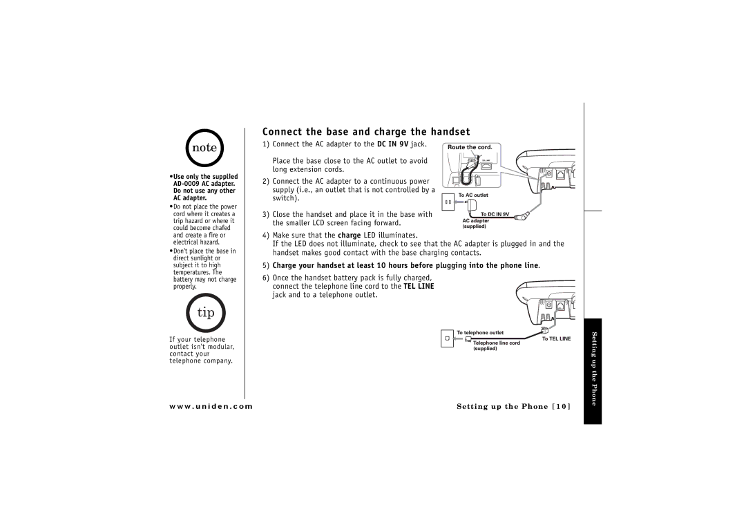 Uniden ELBT 595 owner manual Connect the base and charge the handset 