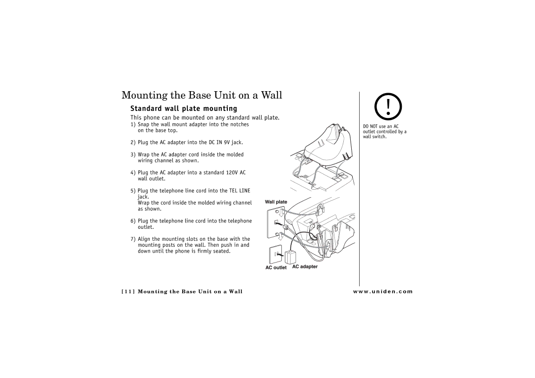 Uniden ELBT 595 owner manual Mounting the Base Unit on a Wall, This phone can be mounted on any standard wall plate 