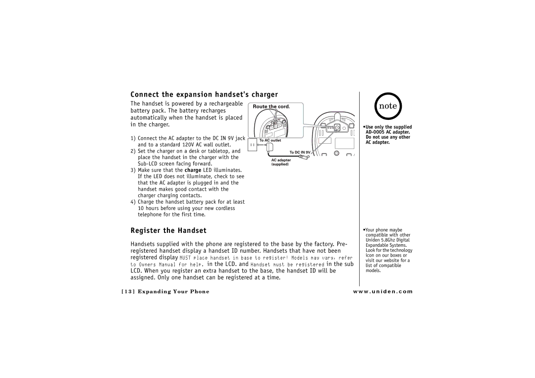 Uniden ELBT 595 owner manual Connect the expansion handsets charger 