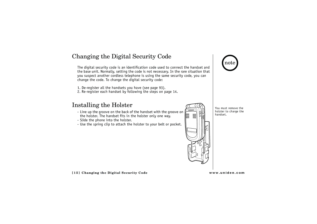 Uniden ELBT 595 owner manual Changing the Digital Security Code, Installing the Holster 