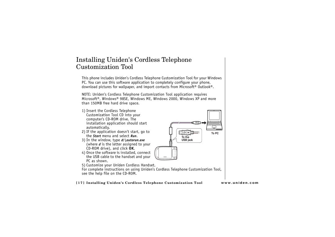 Uniden ELBT 595 owner manual Installing Unidens Cordless Telephone Customization Tool 