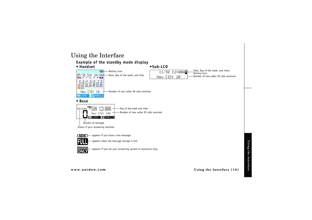 Uniden ELBT 595 owner manual Using the Interface, Example of the standby mode display Handset, Base, 0GY%+& 