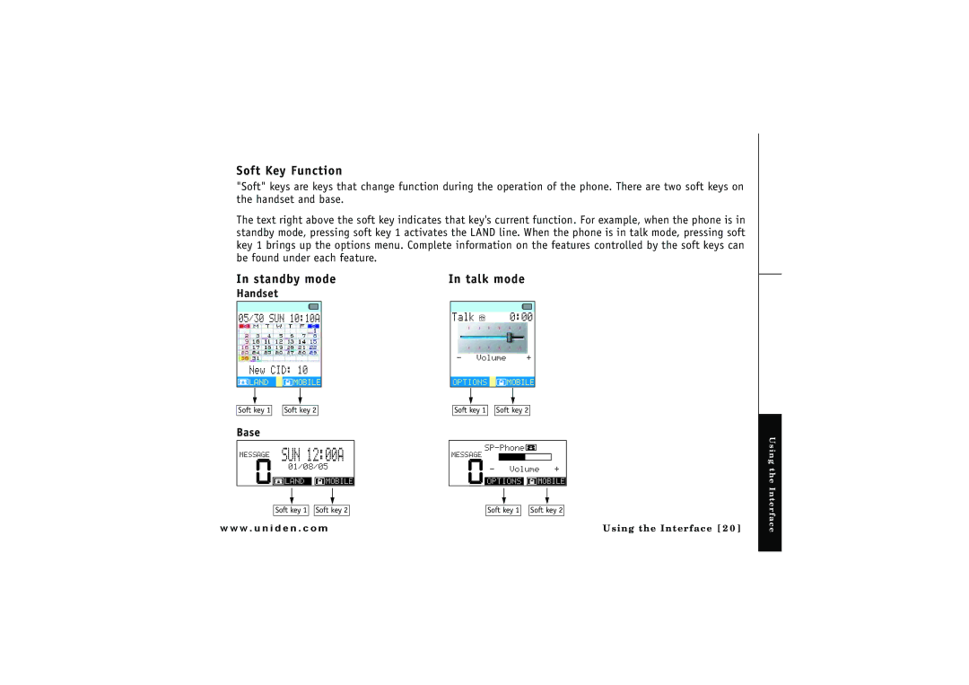 Uniden ELBT 595 owner manual Soft Key Function, Standby mode, Talk mode, Handset, Base 