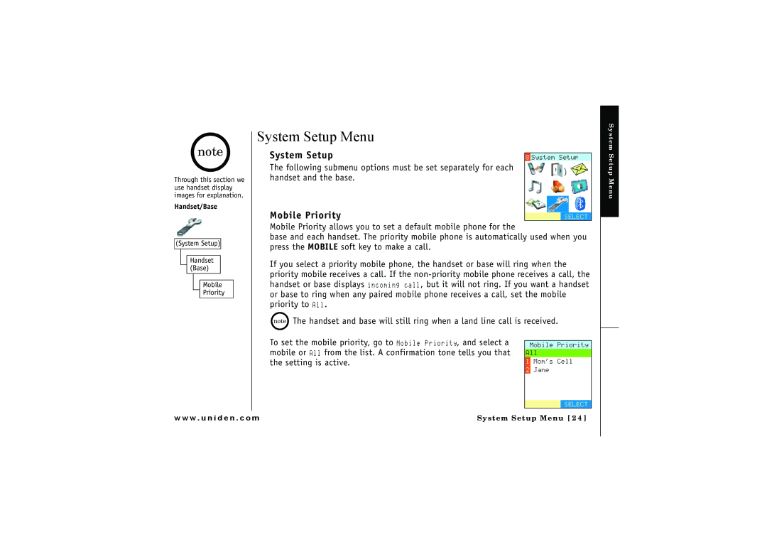 Uniden ELBT 595 owner manual System Setup Menu, Mobile Priority 