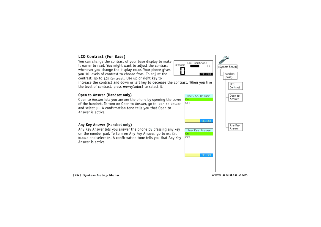 Uniden ELBT 595 owner manual LCD Contrast For Base, It easier to read. You might want to adjust the contrast 