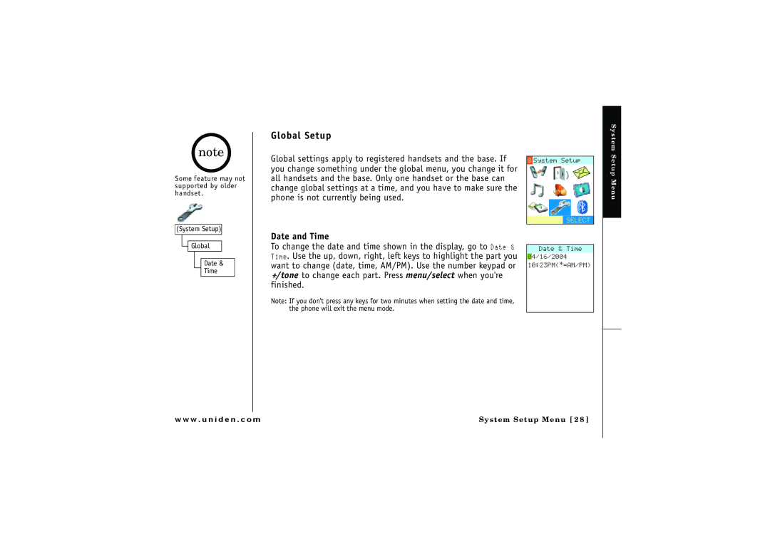 Uniden ELBT 595 owner manual Global Setup, Date and Time 