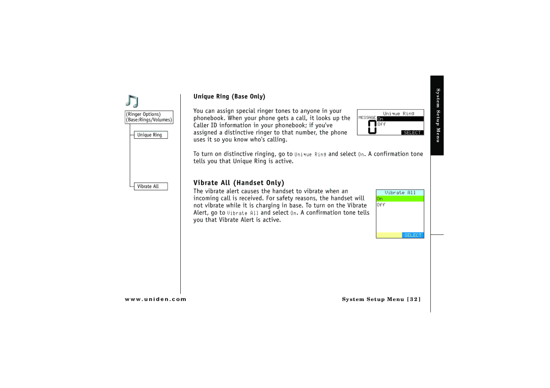 Uniden ELBT 595 owner manual Vibrate All Handset Only, Unique Ring Base Only 