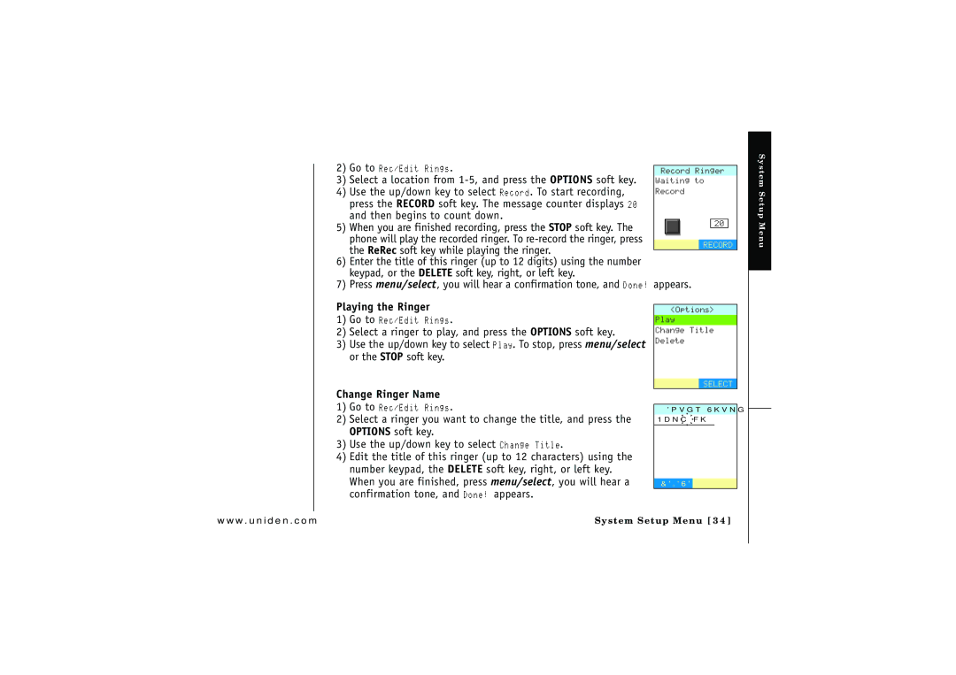 Uniden ELBT 595 Playing the Ringer, Select a ringer to play, and press the Options soft key, Or the Stop soft key, Appears 