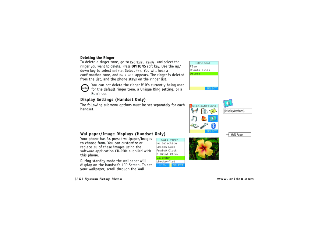Uniden ELBT 595 owner manual Display Settings Handset Only, Wallpaper/Image Displays Handset Only, Deleting the Ringer 