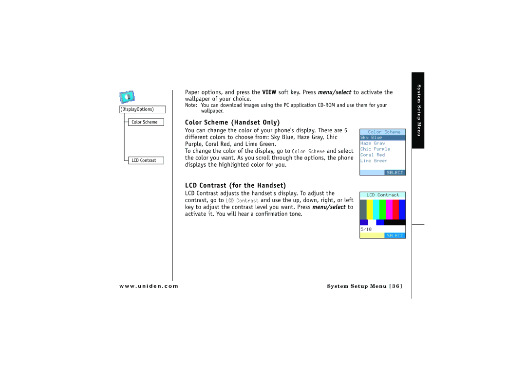 Uniden ELBT 595 owner manual Color Scheme Handset Only, LCD Contrast for the Handset 