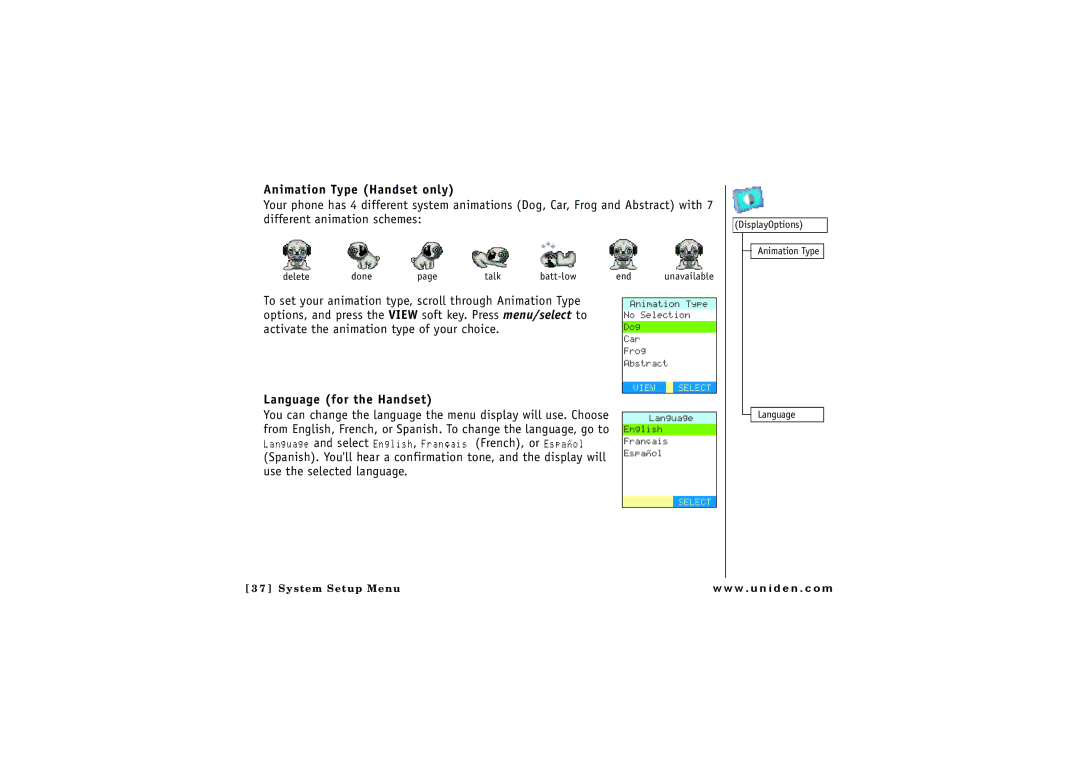 Uniden ELBT 595 owner manual Animation Type Handset only, Language for the Handset 