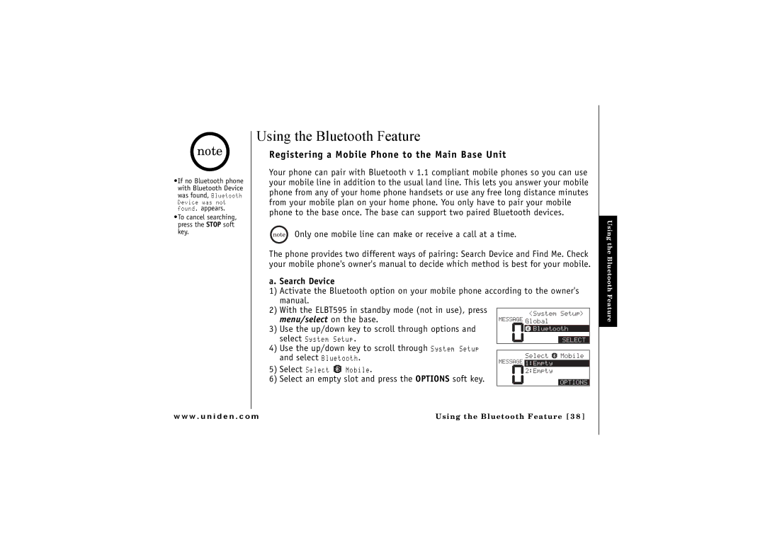 Uniden ELBT 595 owner manual Using the Bluetooth Feature, Registering a Mobile Phone to the Main Base Unit, Search Device 