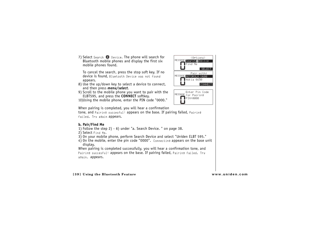 Uniden ELBT 595 owner manual Pair/Find Me, Again. appears 