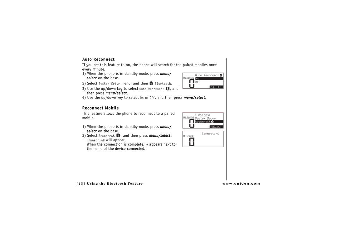 Uniden ELBT 595 owner manual Auto Reconnect, Reconnect Mobile, Select on the base 