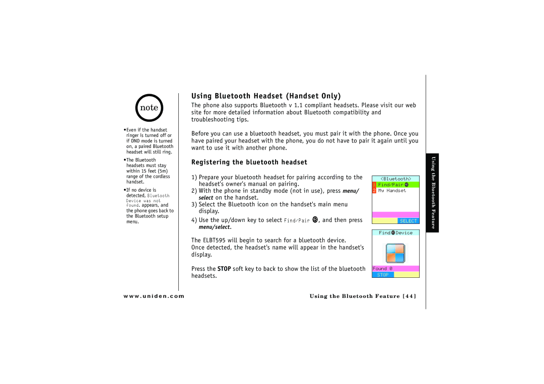 Uniden ELBT 595 owner manual Using Bluetooth Headset Handset Only, Registering the bluetooth headset 