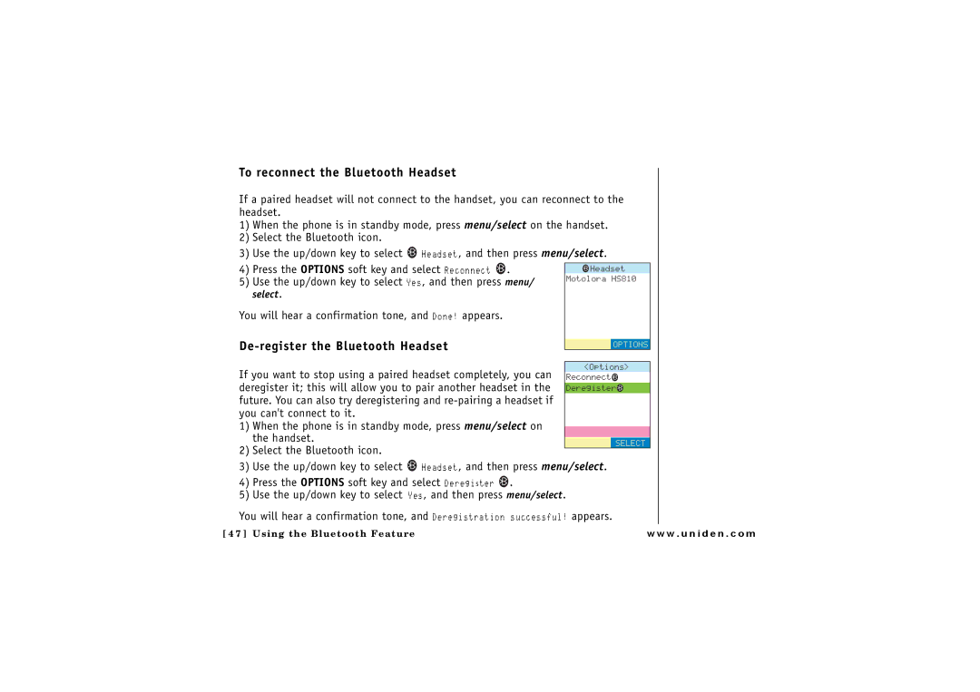 Uniden ELBT 595 owner manual To reconnect the Bluetooth Headset, De-register the Bluetooth Headset 