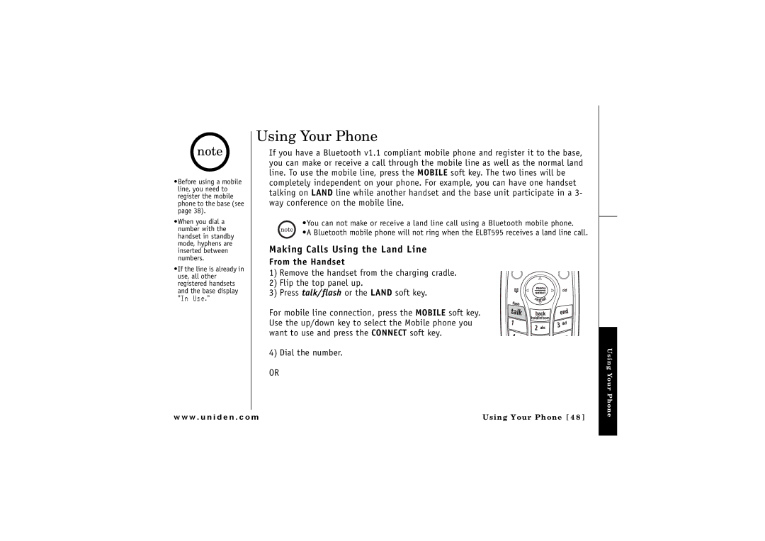 Uniden ELBT 595 owner manual Using Your Phone, Making Calls Using the Land Line, From the Handset 