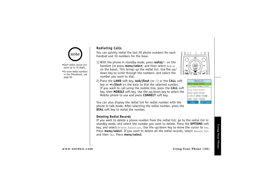 Uniden ELBT 595 owner manual Redialing Calls, Deleting Redial Records, Then Yes. Press menu/select 