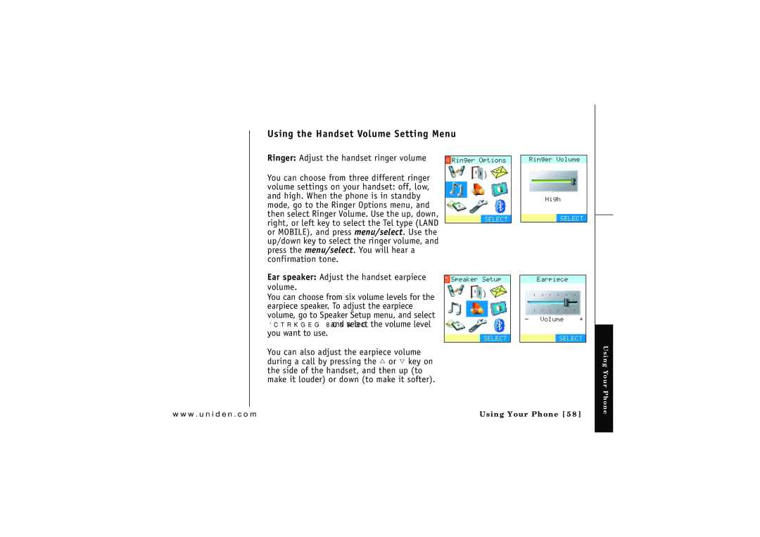 Uniden ELBT 595 owner manual Using the Handset Volume Setting Menu, Ringer Adjust the handset ringer volume 