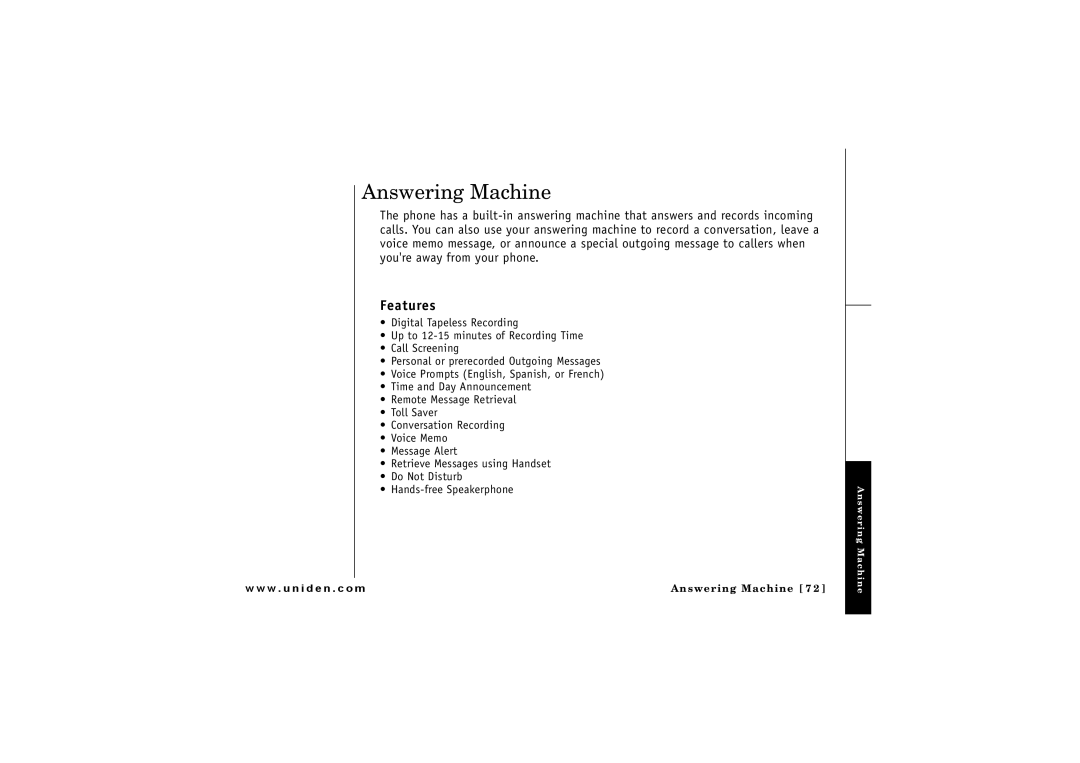 Uniden ELBT 595 owner manual Answering Machine, Features 