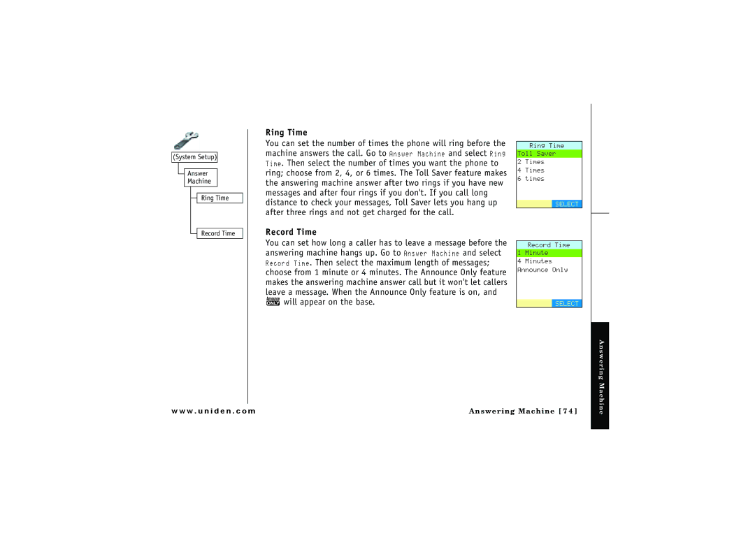 Uniden ELBT 595 owner manual Ring Time, Record Time 