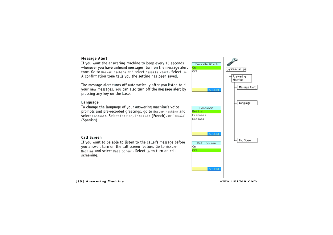 Uniden ELBT 595 owner manual Message Alert, Language, Call Screen 