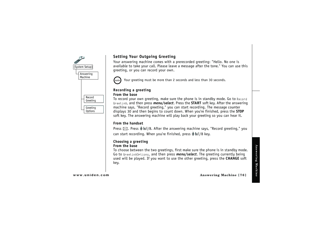 Uniden ELBT 595 Setting Your Outgoing Greeting, Recording a greeting From the base, Choosing a greeting From the base 