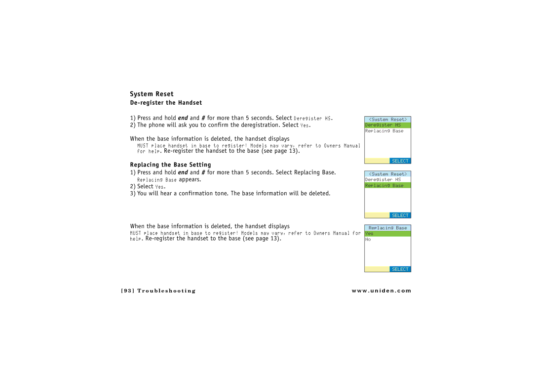 Uniden ELBT 595 owner manual System Reset, De-register the Handset, Replacing the Base Setting 