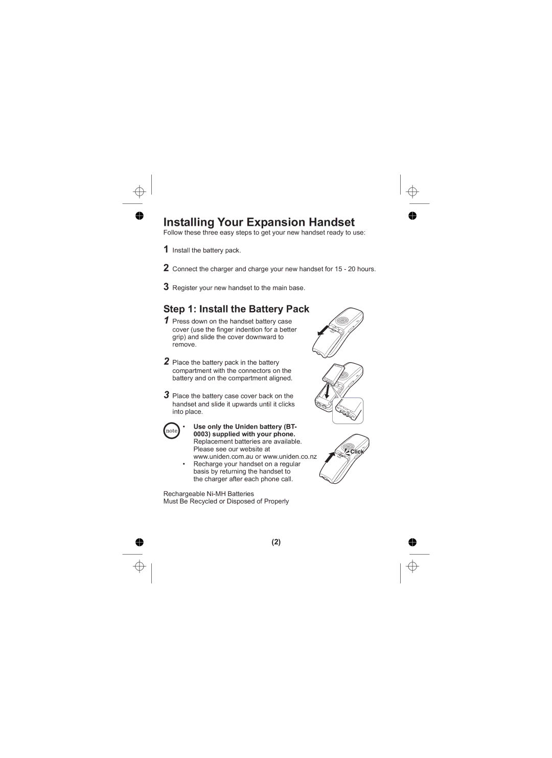 Uniden Elite 8805 owner manual Installing Your Expansion Handset, Install the Battery Pack 