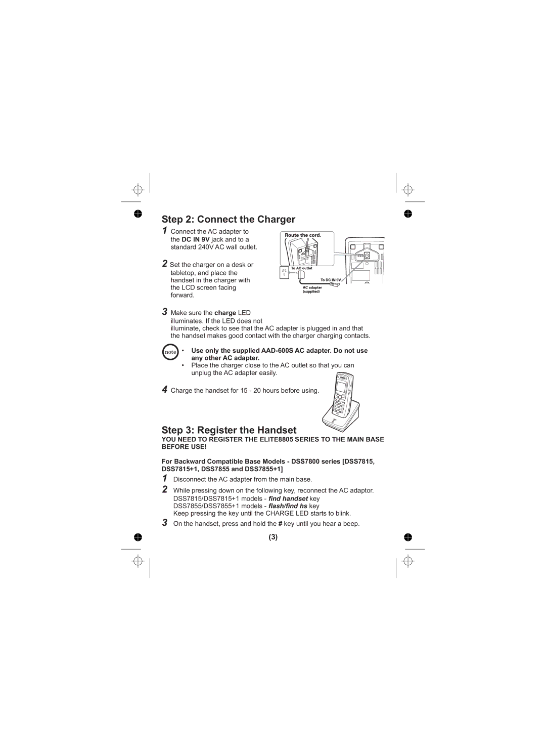 Uniden Elite 8805 owner manual Register the Handset, Connect the Charger 