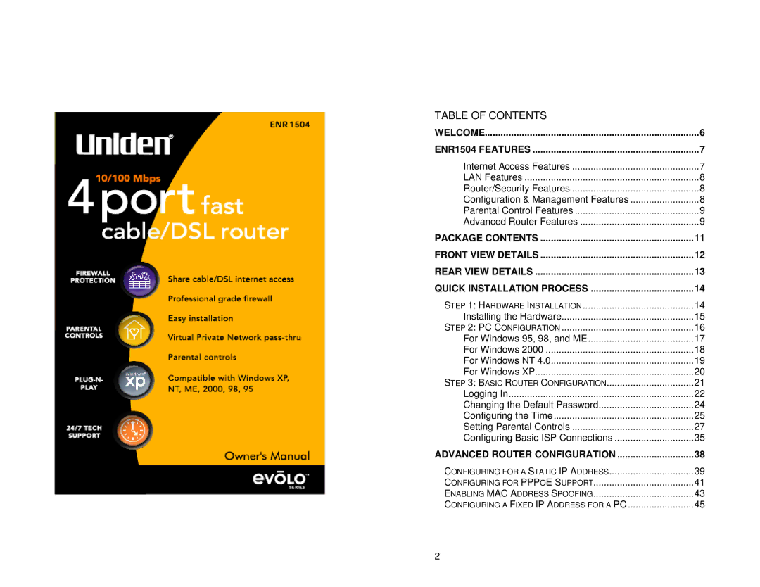 Uniden ENR1504 manual Table of Contents 