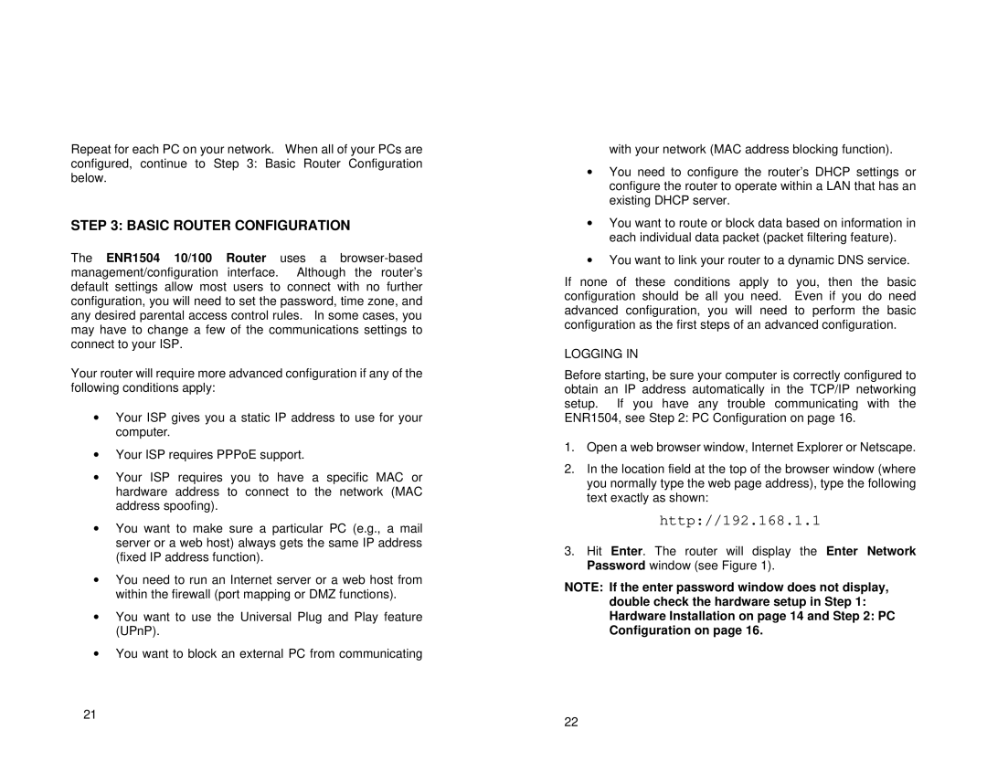 Uniden ENR1504 manual Basic Router Configuration, Logging 