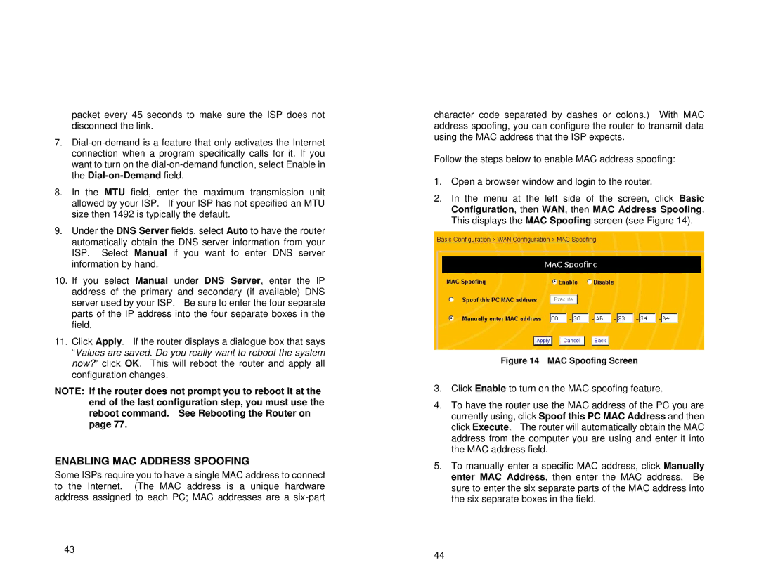 Uniden ENR1504 manual Enabling MAC Address Spoofing, MAC Spoofing Screen 