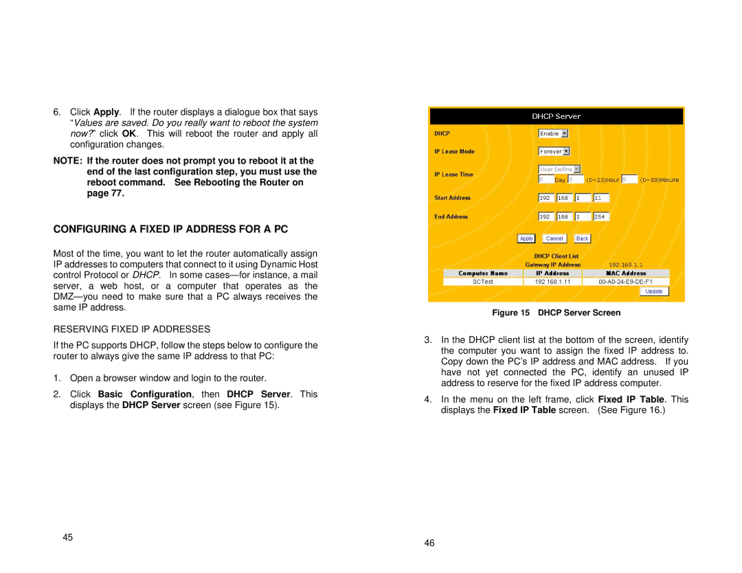 Uniden ENR1504 manual Configuring a Fixed IP Address for a PC, Reserving Fixed IP Addresses 