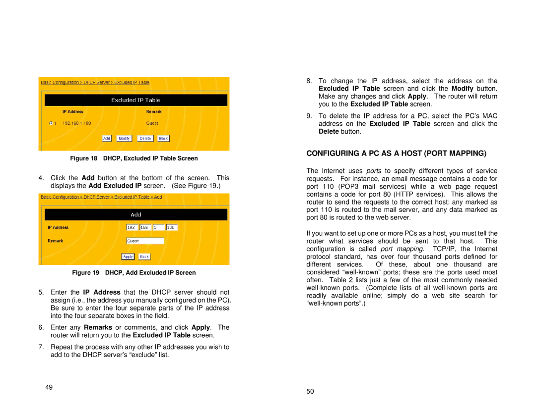 Uniden ENR1504 manual Configuring a PC AS a Host Port Mapping, DHCP, Excluded IP Table Screen 