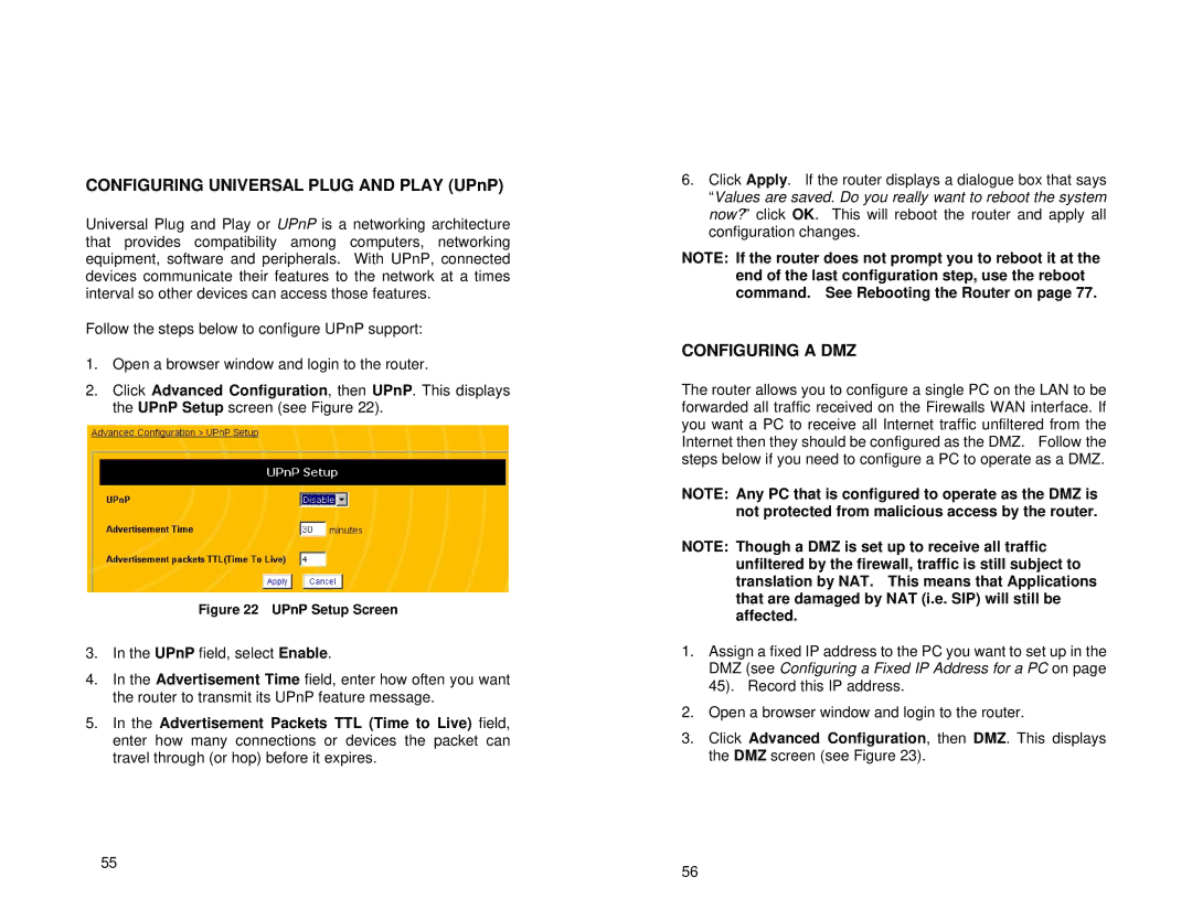 Uniden ENR1504 manual Configuring Universal Plug and Play UPnP, Configuring a DMZ 