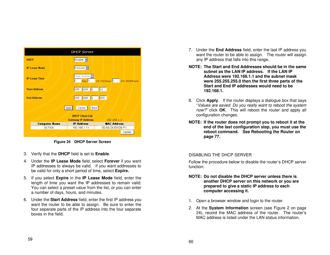 Uniden ENR1504 manual Disabling the Dhcp Server, Dhcp Server Screen 