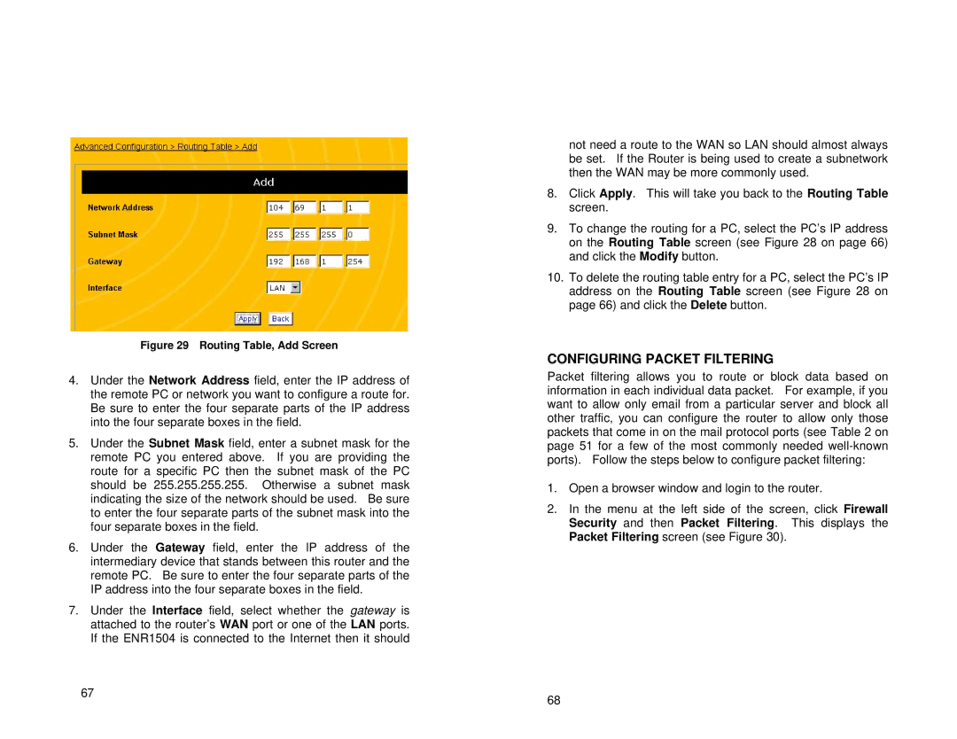 Uniden ENR1504 manual Configuring Packet Filtering, Routing Table, Add Screen 