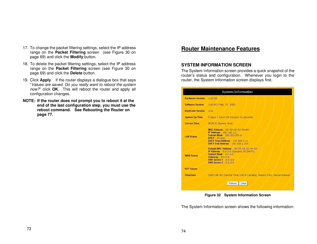 Uniden ENR1504 manual Router Maintenance Features, System Information Screen 