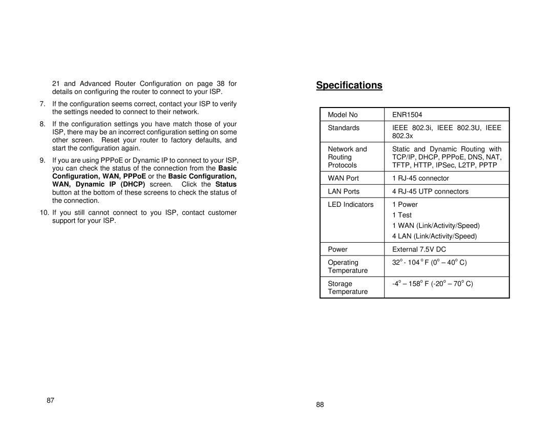 Uniden ENR1504 manual Specifications 