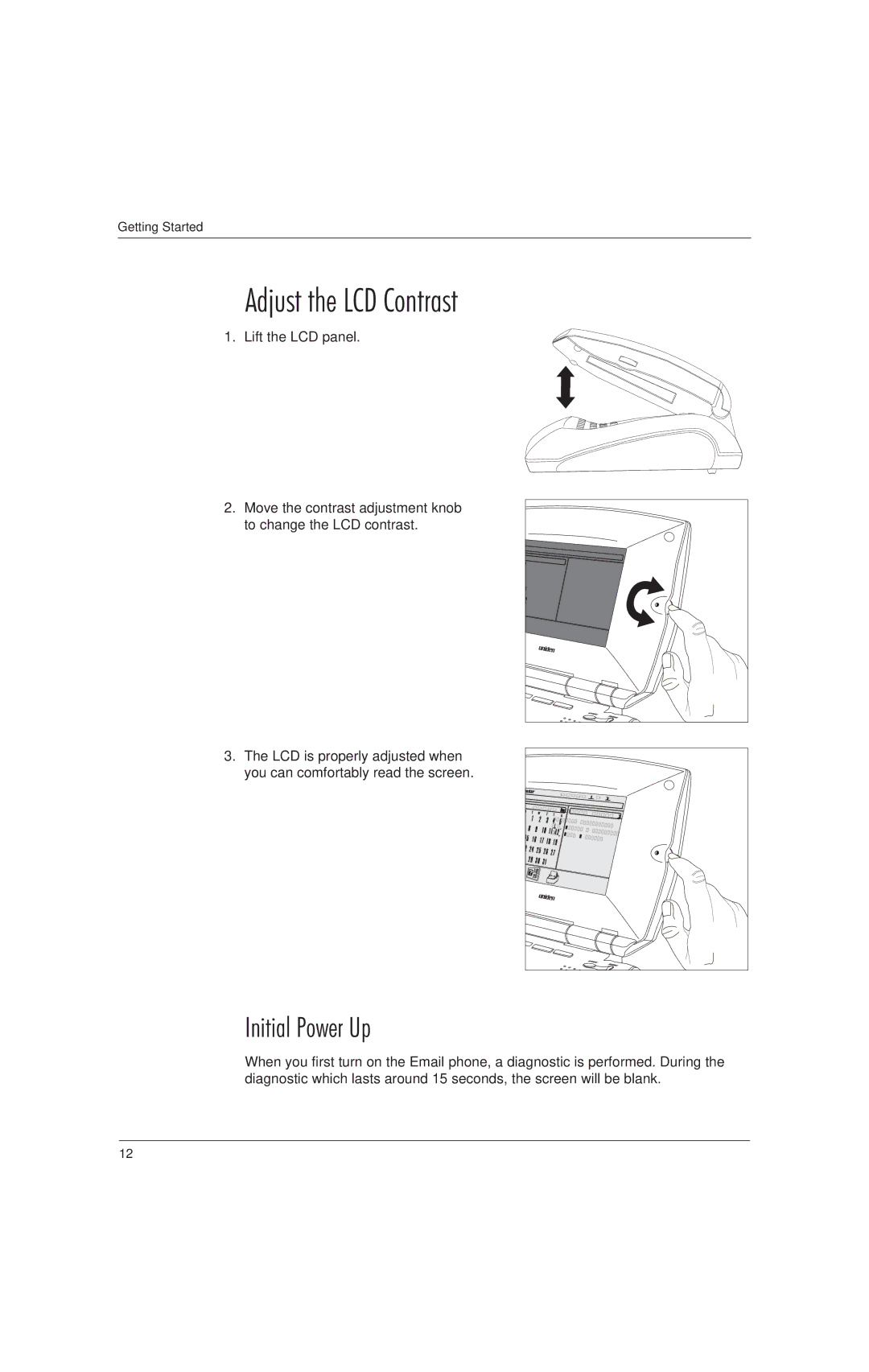 Uniden EP100, EP200 manual Adjust the LCD Contrast, Initial Power Up 