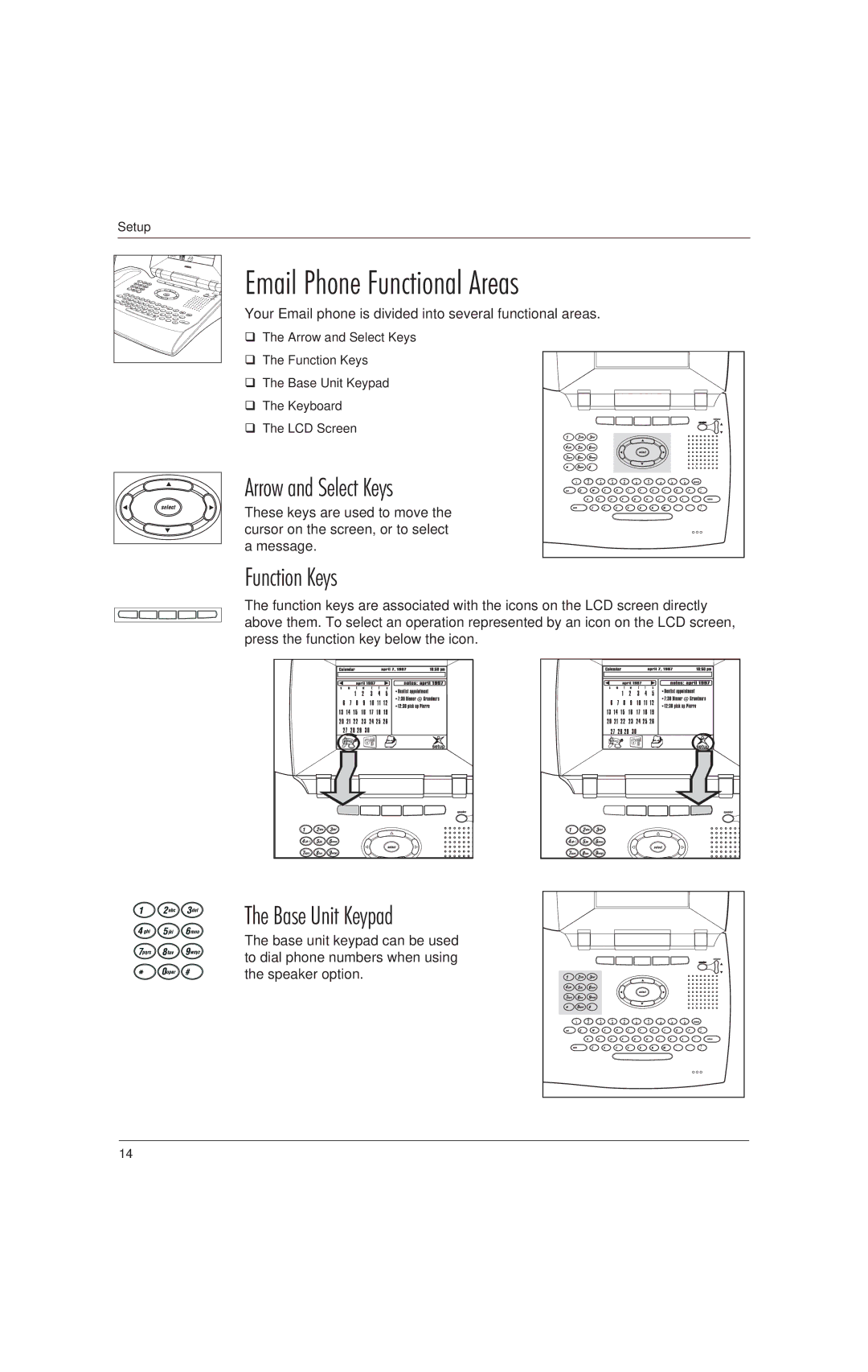 Uniden EP100, EP200 manual Email Phone Functional Areas, Arrow and Select Keys, Function Keys, Base Unit Keypad 