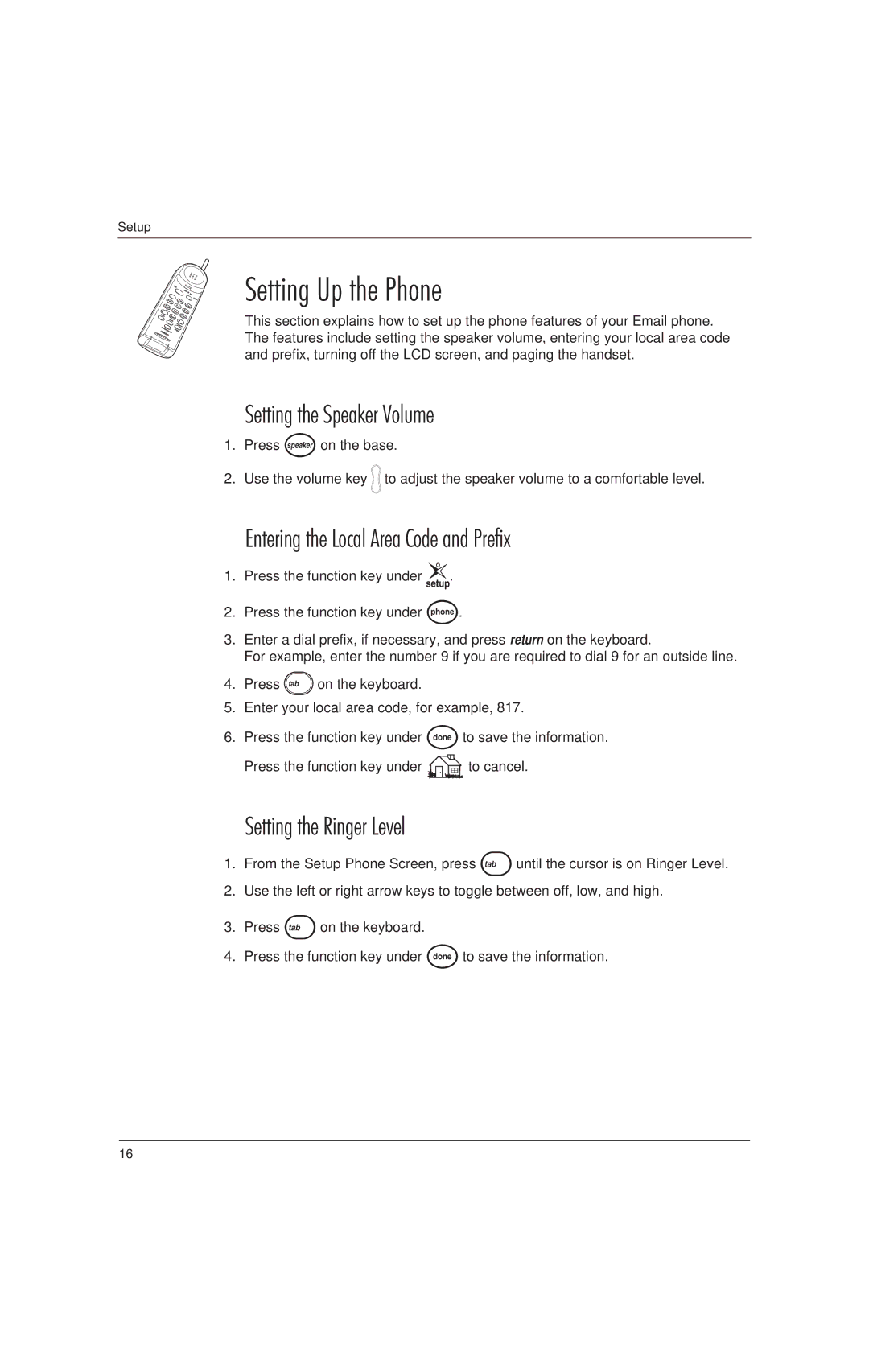 Uniden EP100, EP200 manual Setting Up the Phone, Setting the Speaker Volume, Entering the Local Area Code and Prefix 