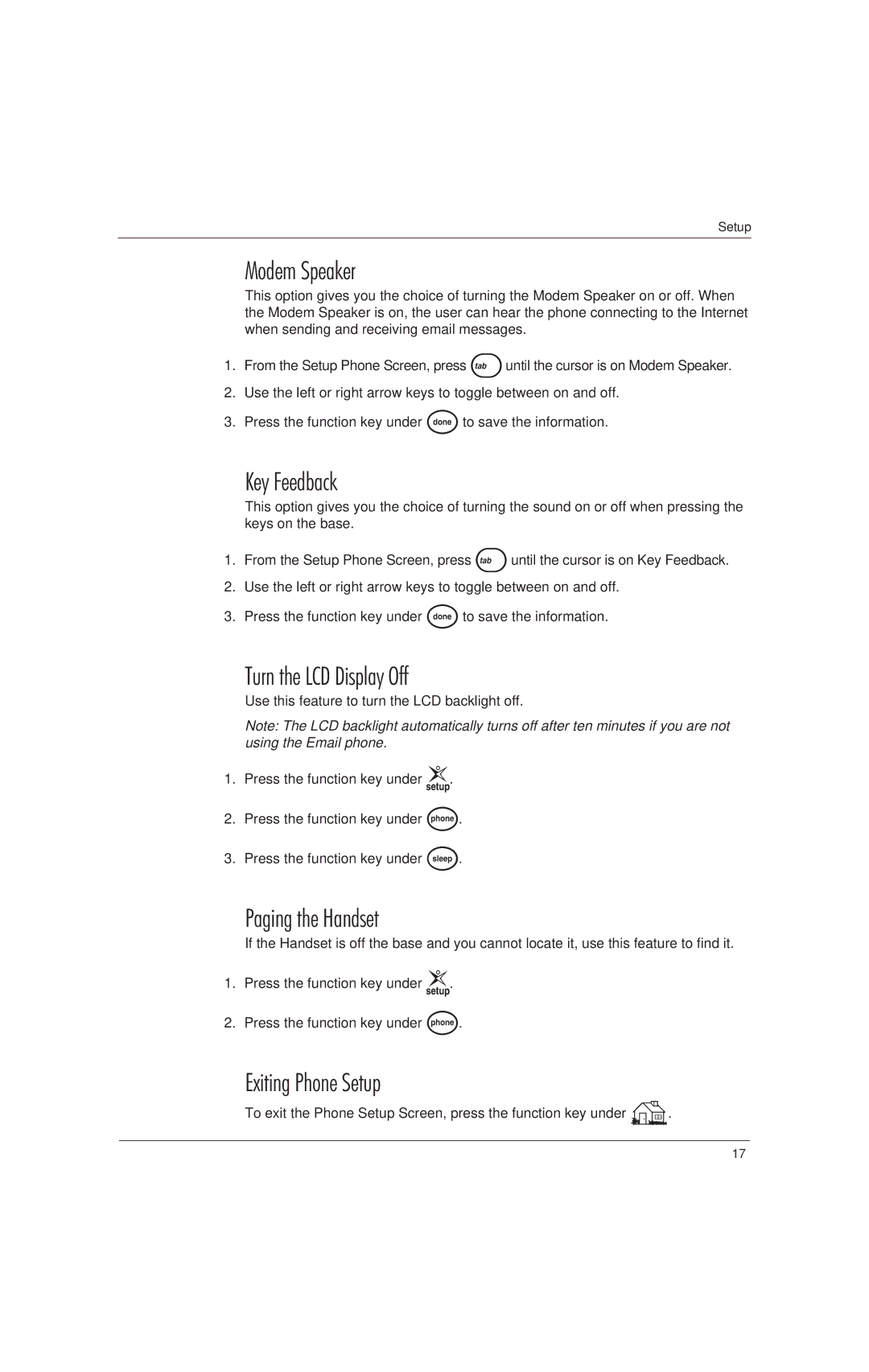 Uniden EP200, EP100 manual Modem Speaker, Key Feedback, Turn the LCD Display Off, Paging the Handset, Exiting Phone Setup 
