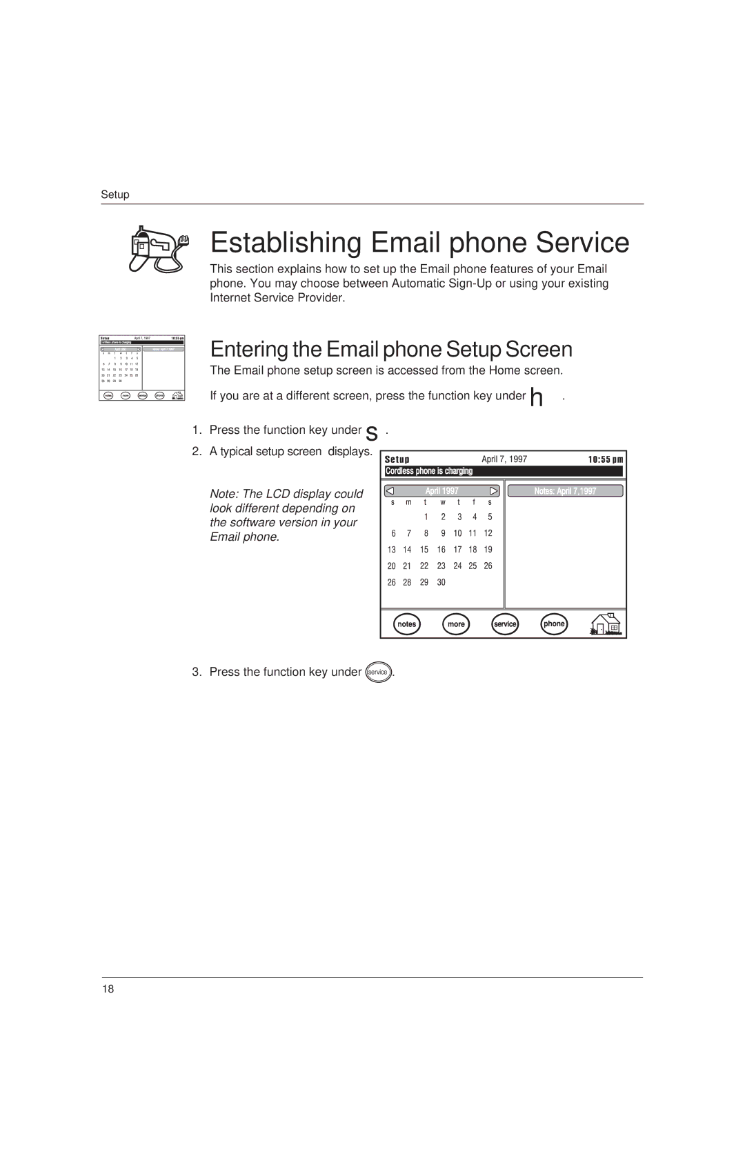 Uniden EP100, EP200 manual Establishing Email phone Service, Entering the Email phone Setup Screen 