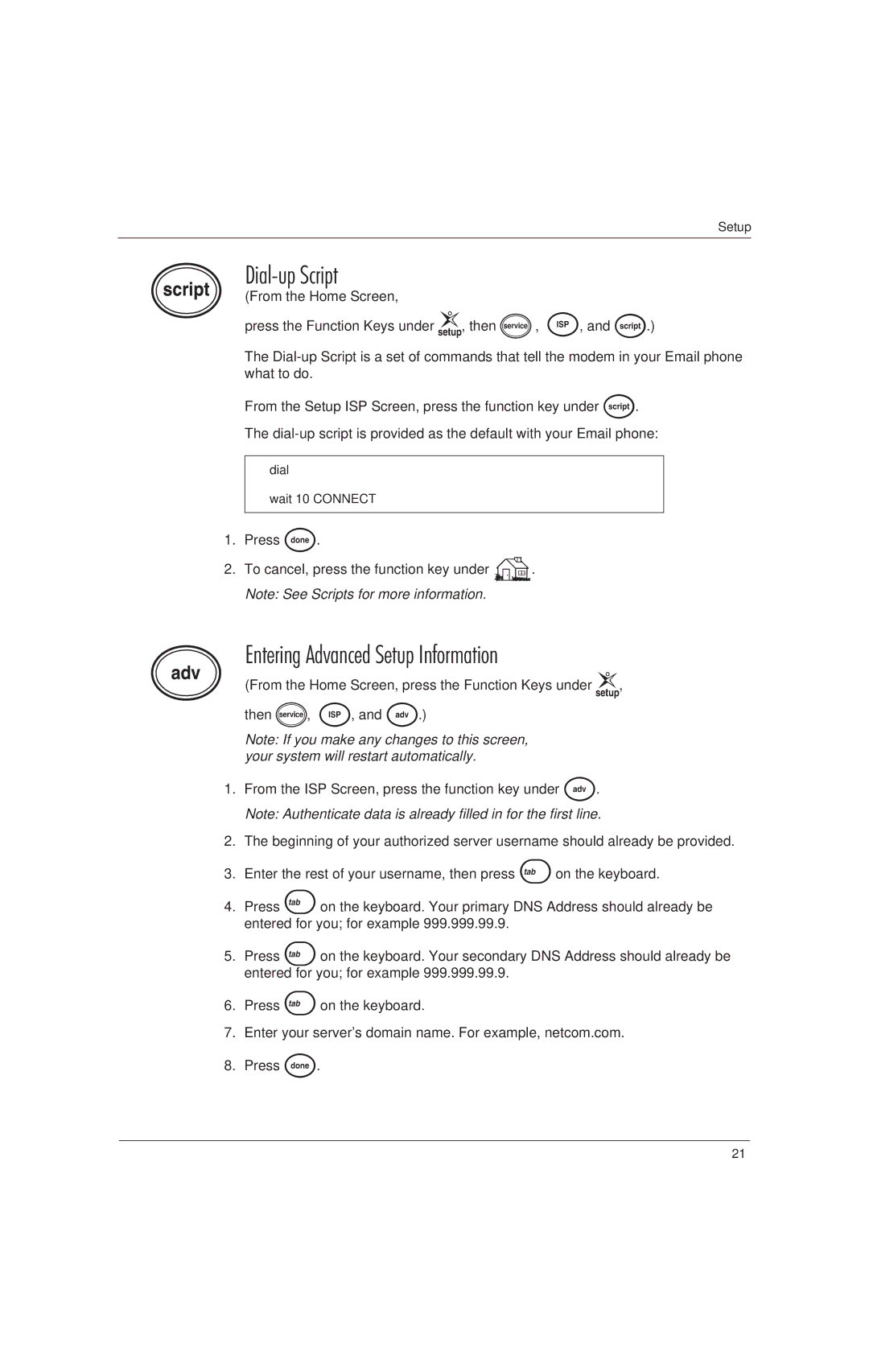 Uniden EP200, EP100 manual Dial-up Script, Entering Advanced Setup Information 