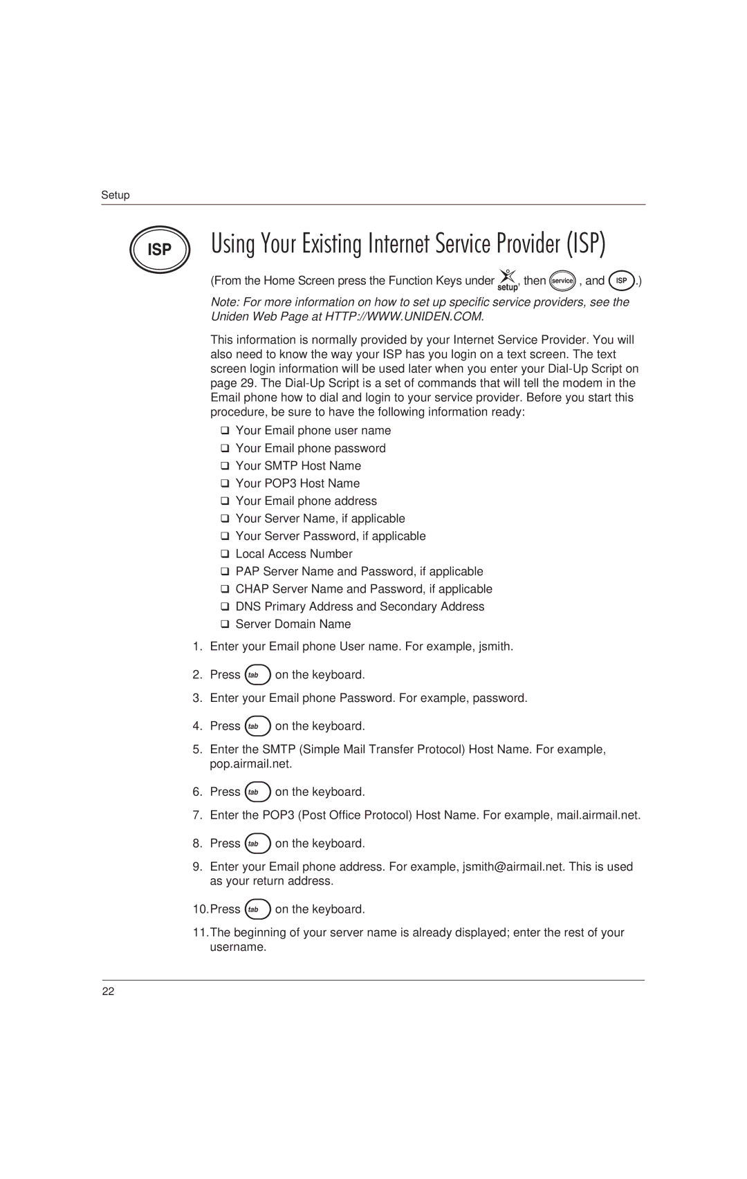 Uniden EP100, EP200 manual Using Your Existing Internet Service Provider ISP 