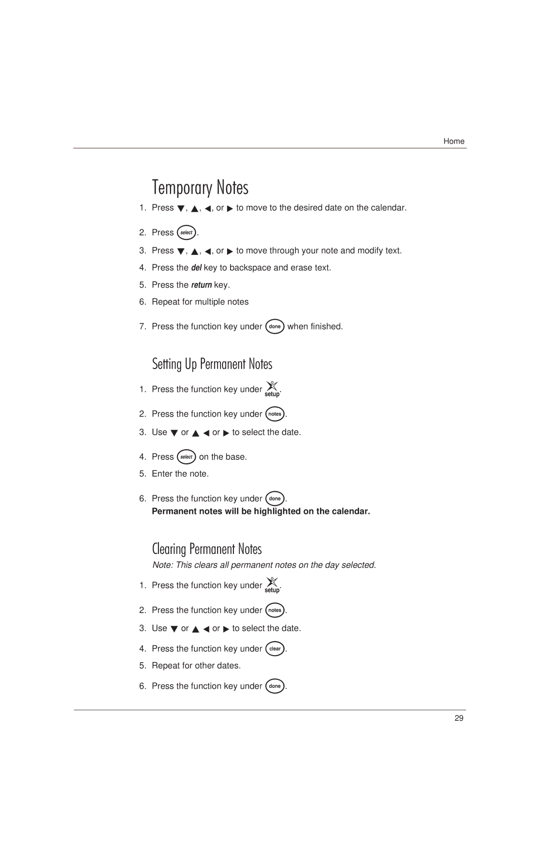 Uniden EP200, EP100 manual Temporary Notes, Setting Up Permanent Notes, Clearing Permanent Notes 